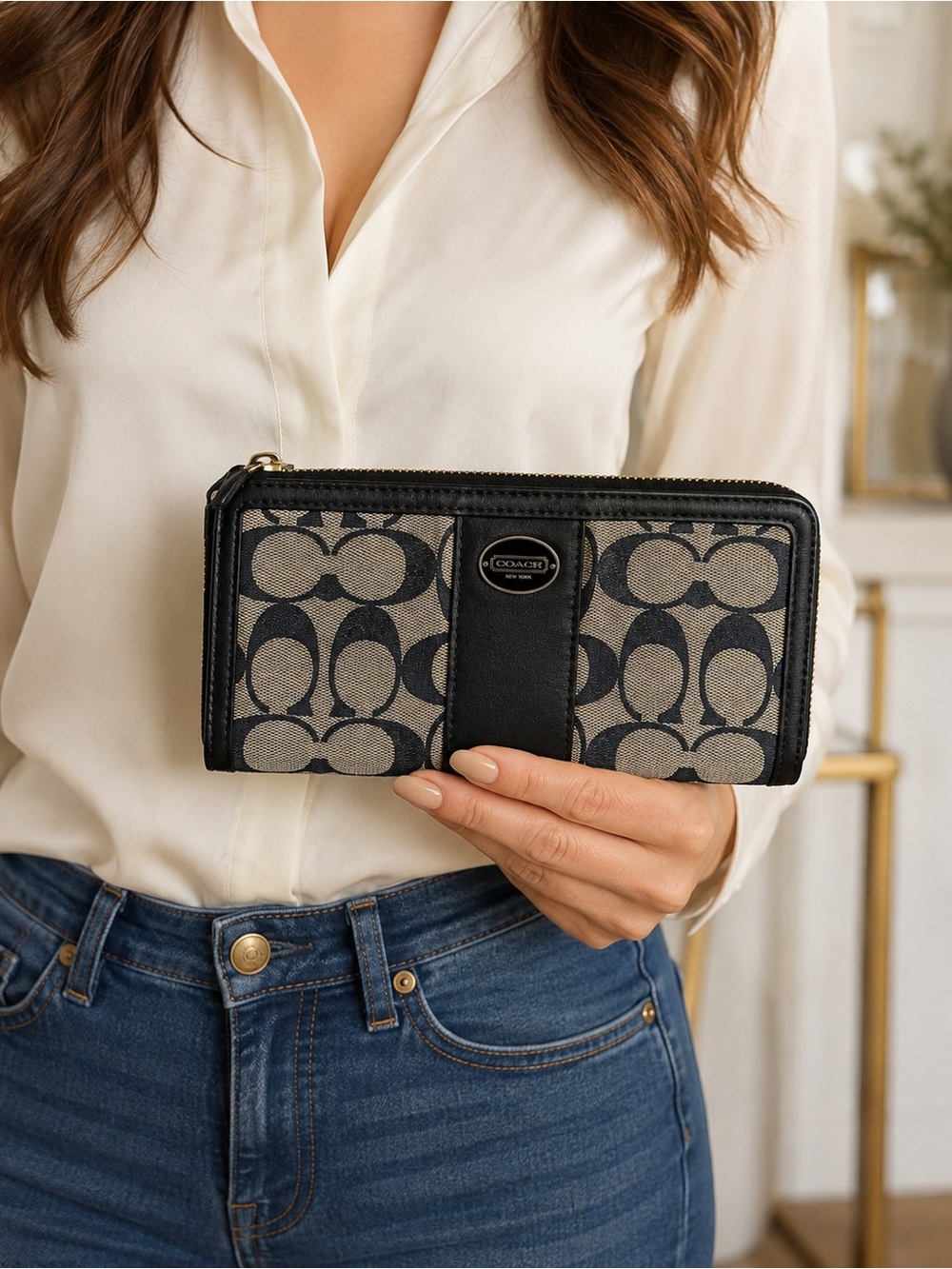 Coach Black and Tan Signature Zip Wallet